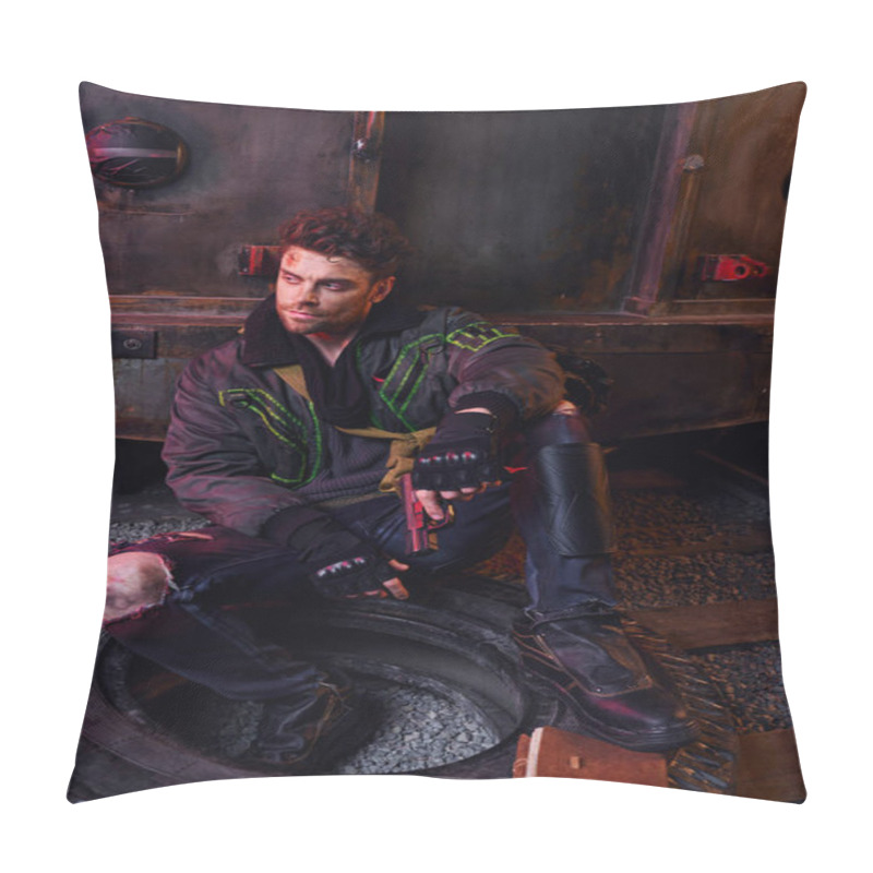 Personality  Unshaven Man With Gun Sitting On Tire Near Diaries In Dark Subway, Post-apocalyptic Concept Pillow Covers