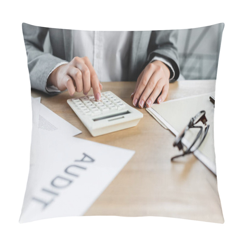 Personality  Partial View Of Tax Inspector Using Calculator Near Paper With Audit Lettering  Pillow Covers