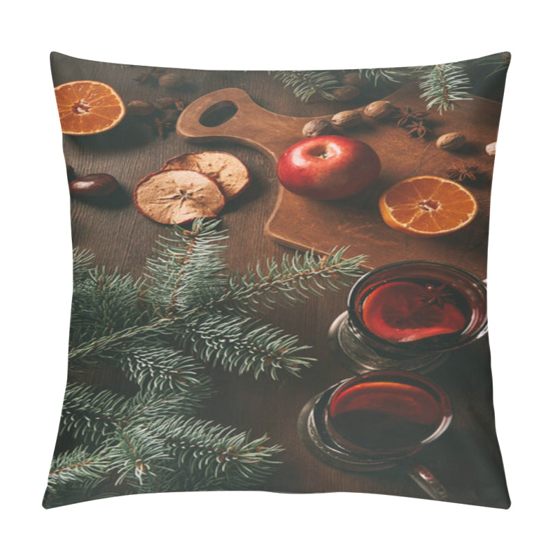 Personality  Hot Mulled Wine In Glass Cups With Fruits And Spices On Wooden Background With Fir Branches Pillow Covers