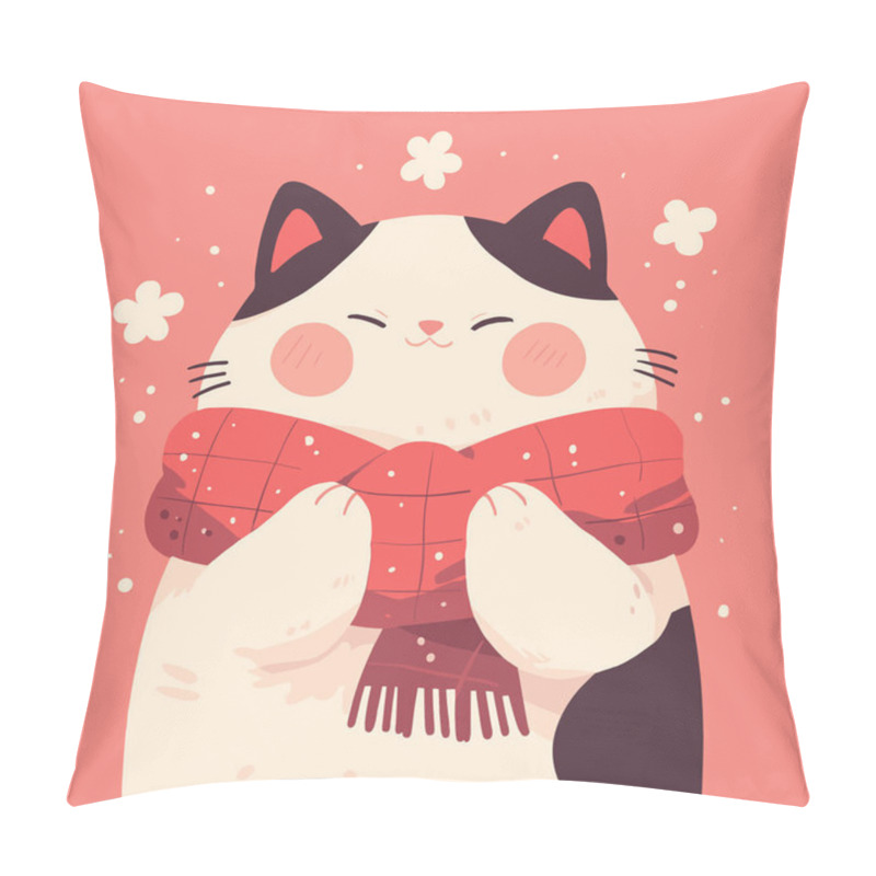 Personality  Adorable Cat In Scarf With Floral Snowflakes On Pink Background. Vector Cute Cat. Pillow Covers