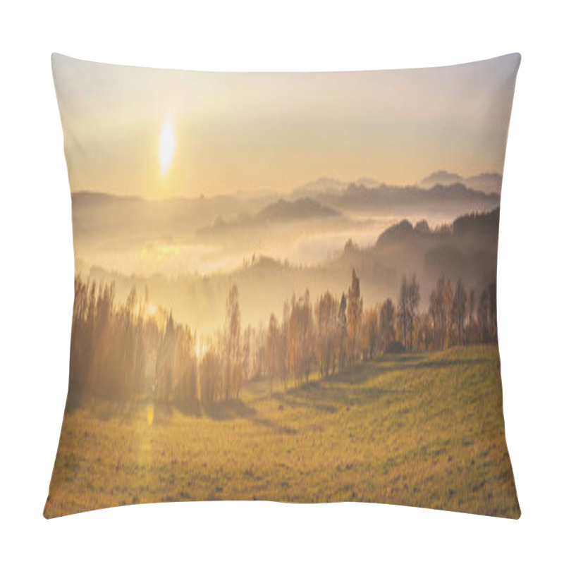 Personality  Sunset In The Mountains - Hilly Landscape With Meadows And Forests In A Haze Pillow Covers