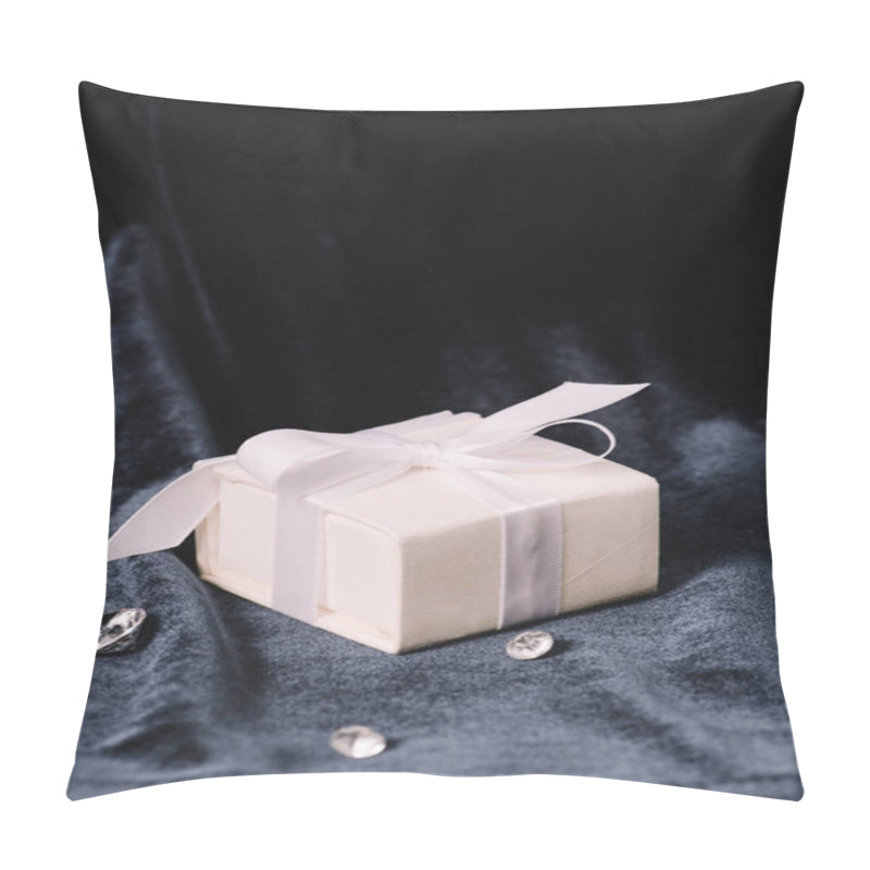 Personality  Gift Box With Satin White Ribbon And Bow Near Pure Diamonds On Blue Cloth Pillow Covers