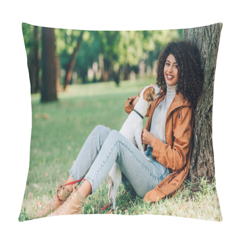 Personality  Selective Focus Of Young Woman In Raincoat Playing With Jack Russell Terrier And Looking At Camera Near Tree In Park  Pillow Covers