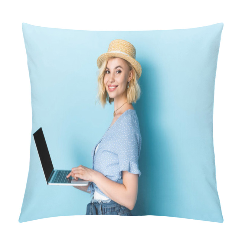 Personality  Young Woman In Straw Hat Using Laptop On Blue Pillow Covers