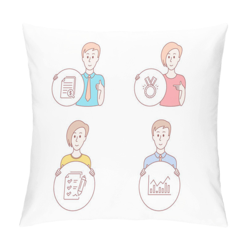 Personality  People Hand Drawn Style. Set Of Honor, Survey Checklist And Financial Documents Icons. Infochart Sign. Medal, Report, Check Docs. Stock Exchange.  Character Hold Circle Button. Man With Like Hand Pillow Covers