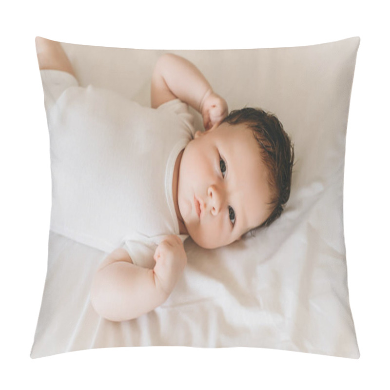 Personality  Close Up View Of Cute Newborn Baby In White Bodysuit Lying On Bed Pillow Covers