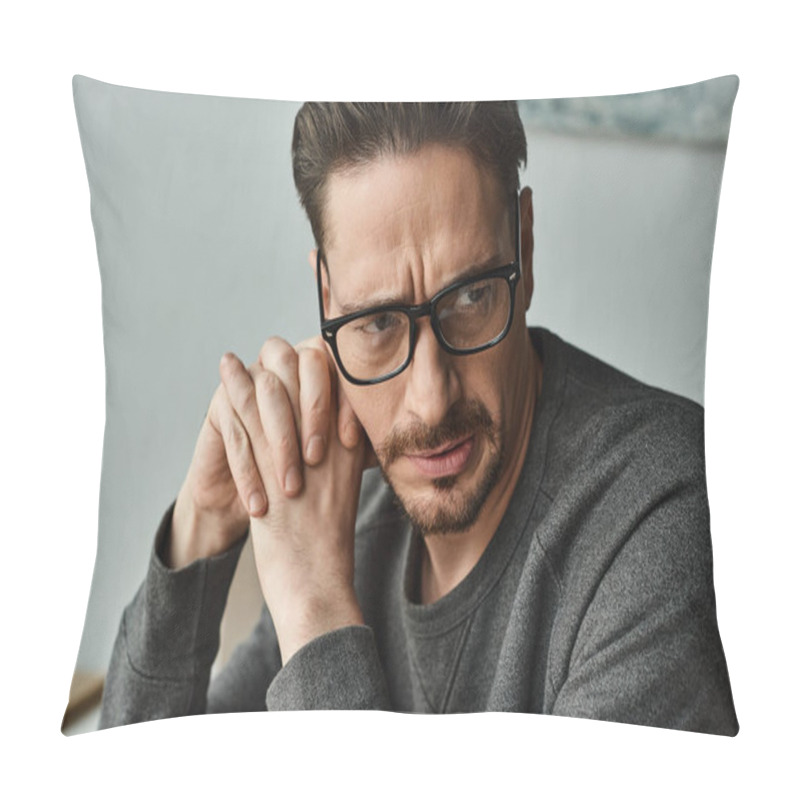 Personality  Stressed Bearded Man In Casual Wear And Glasses Looking Away After Work At Home, Exhausted Pillow Covers