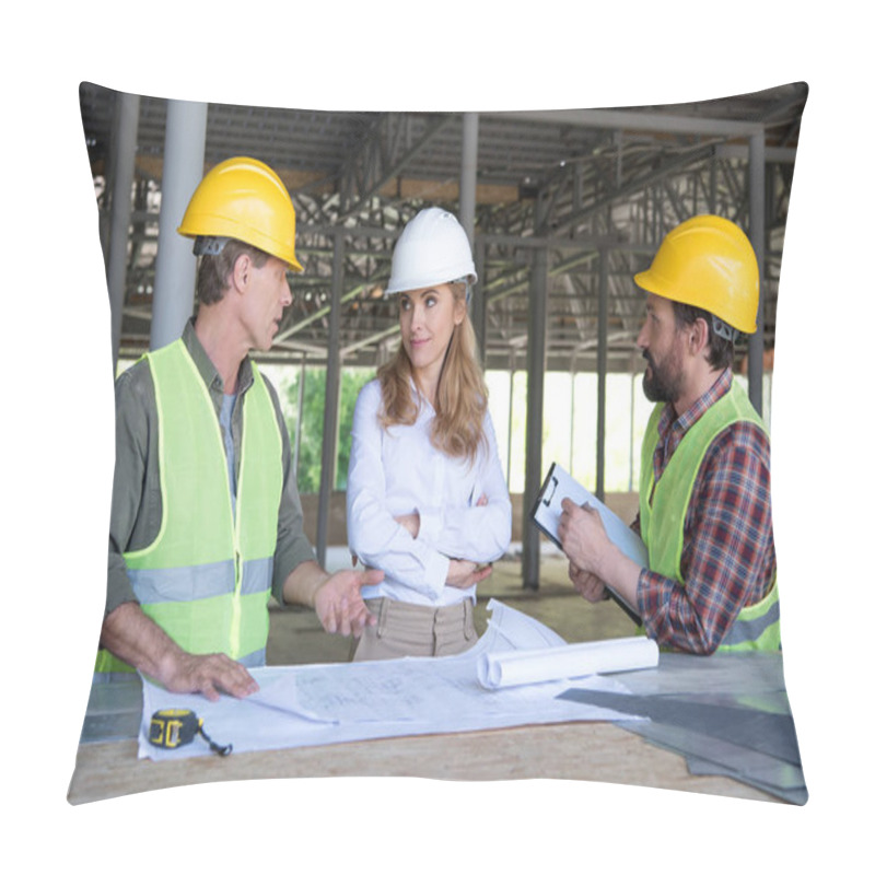 Personality  Builders And Contractor Talking On Construction Site Pillow Covers