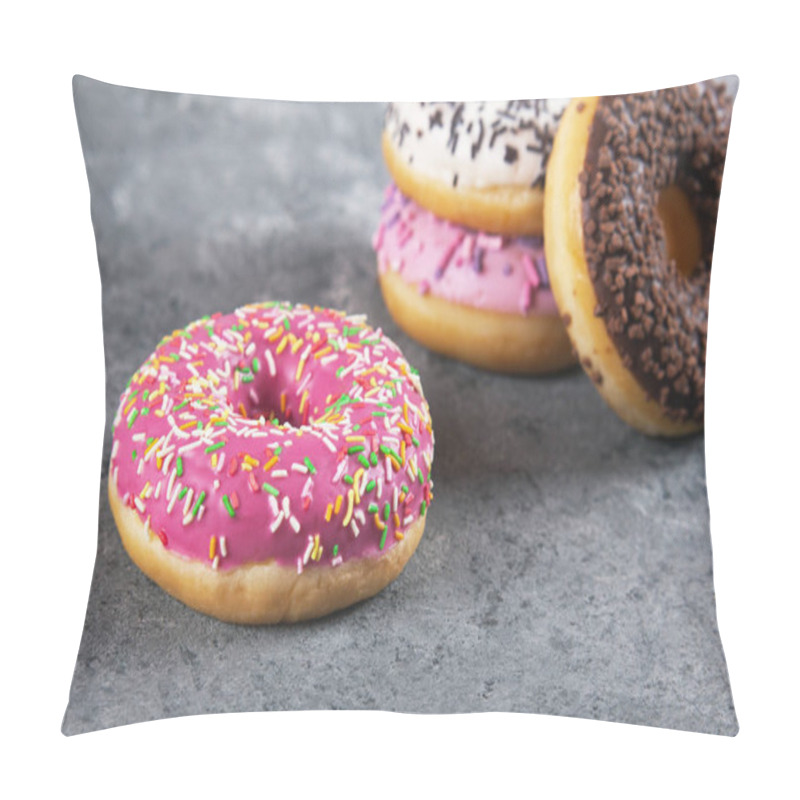 Personality  Baked Sweet Delicious Donuts With Pastry Crumb On Gray Concrete Background. Food Texture Pillow Covers