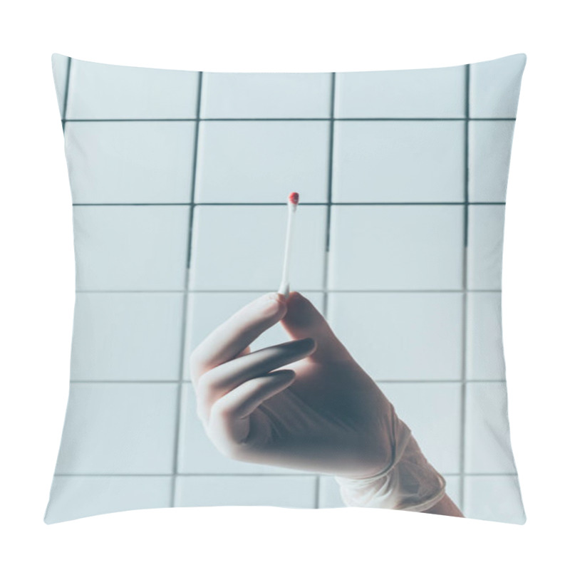 Personality  Cropped Shot Of Doctor In Glove Holding Cotton Swab With Blood With Transparent Liquid In Front Of Tiled White Wall Pillow Covers