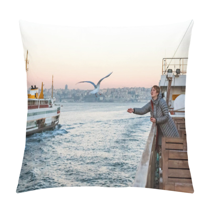 Personality  Woman Feeding Sea Gulls Pillow Covers