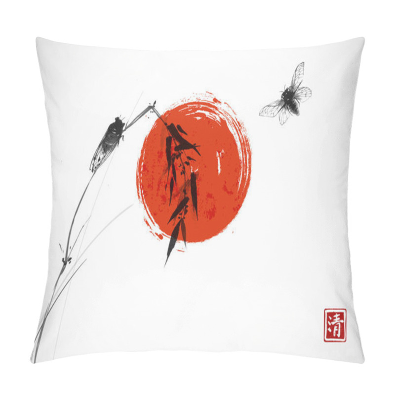 Personality  Dragonflies Flying Over The Grass On Rice Paper Background. Traditional Oriental Ink Painting Sumi-e, U-sin, Go-hua. Hieroglyph - Happiness - Vector Pillow Covers