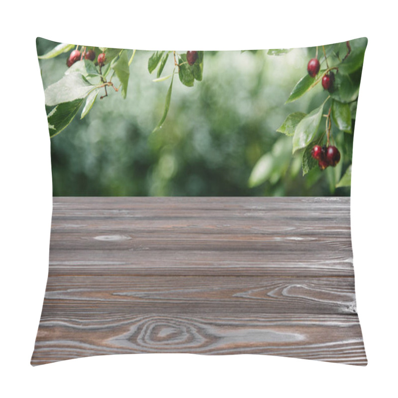 Personality  Template Of Brown Wooden Floor With Cherry Tree On Blurred Green Background Pillow Covers