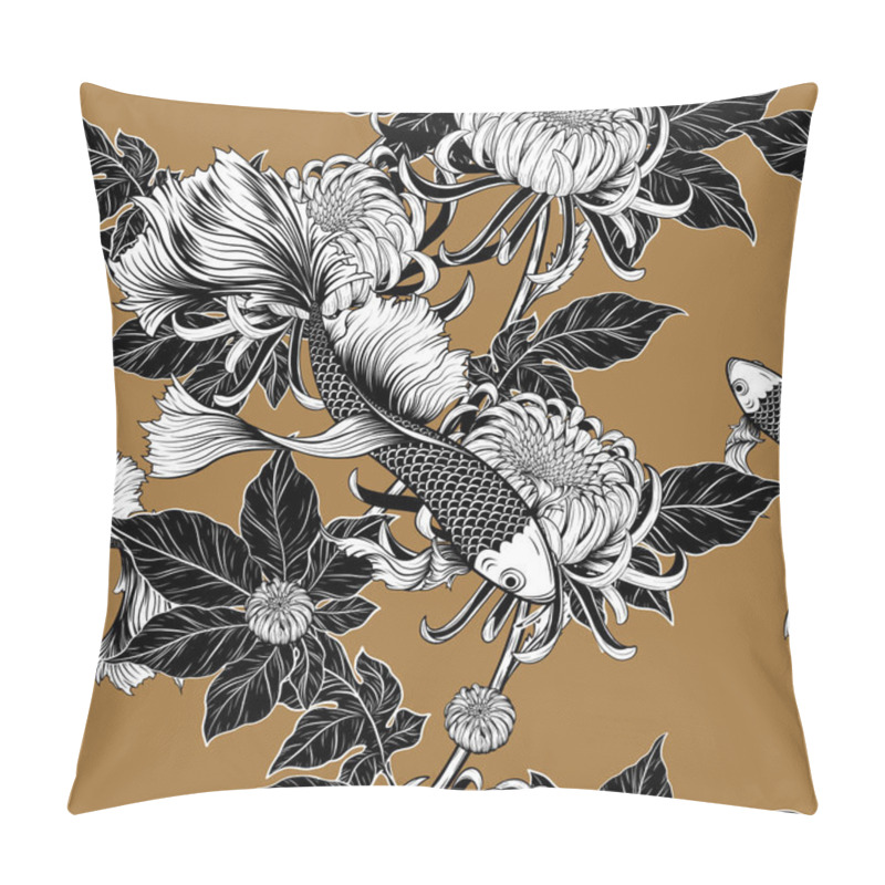 Personality  Koi Fish And Chrysanthemum Seamless Pattern By Hand Drawing.Tattoo Art Highly Detailed In Line Art Style.Fish And Flower Seamless Pattern On Batik Cloth. Pillow Covers