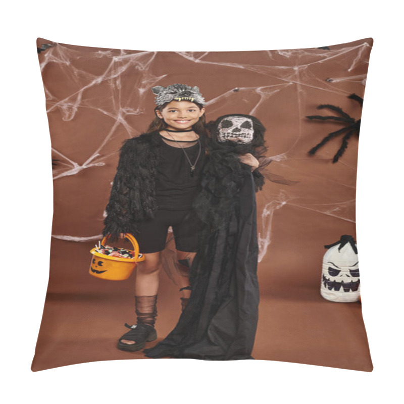 Personality  Happy Preteen Girl In Wolf Mask With Bucket Of Sweets And Spooky Toy, Halloween Concept Pillow Covers