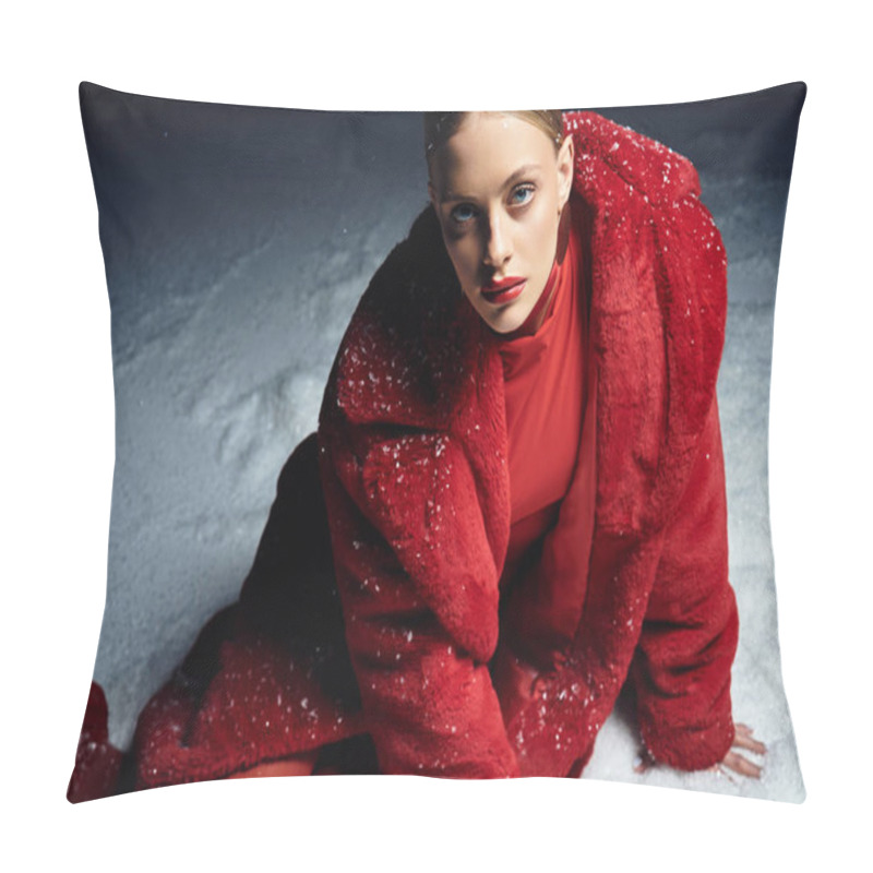 Personality  A Young Beautiful Woman Poses Gracefully In Snow, Wearing A Luxurious Red Coat And Striking Heels. Pillow Covers