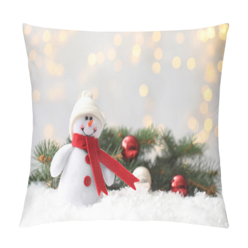 Personality  Snowman Toy On Snow Against Blurred Festive Lights, Space For Text. Christmas Decoration Pillow Covers