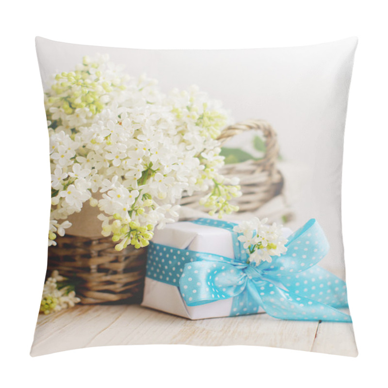 Personality  Bouquet Of A White Lilac In A Basket And  An Gift Box On A Wooden Surface. Pillow Covers