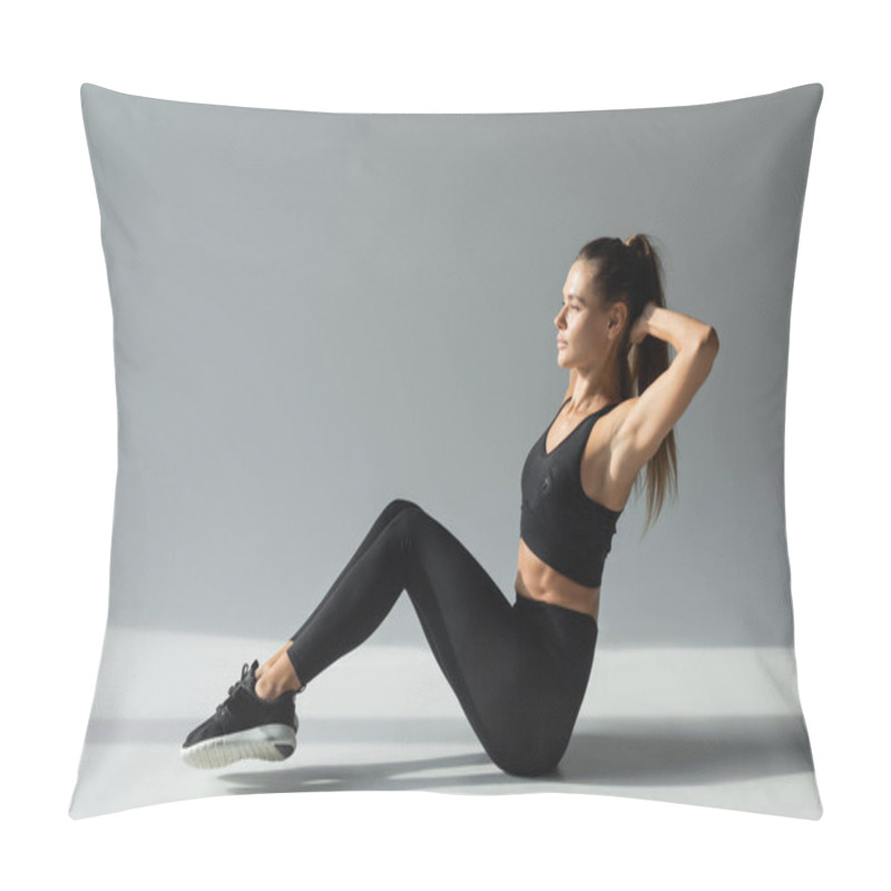 Personality  Fit Woman In Black Sports Bra, Leggings And Sneakers Exercising While Sitting In Sunlight On Grey  Pillow Covers