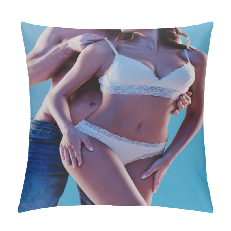 Personality  Partial View Of Shirtless Man In Blue Jeans Touching Bra Of Sexy Girl Isolated On Blue Pillow Covers