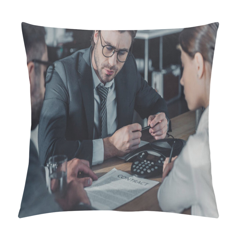 Personality  Serious Business People Sitting Around Conference Phone At Modern Office Pillow Covers