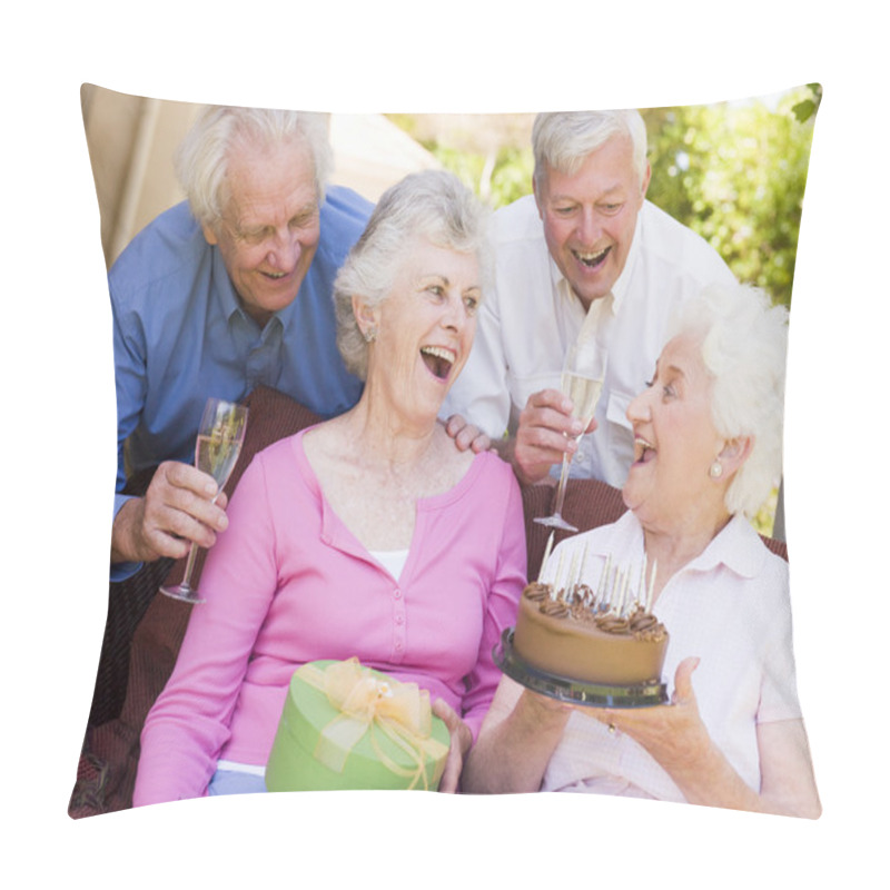 Personality  Two Couples On Patio With Cake And Gift Smiling Pillow Covers