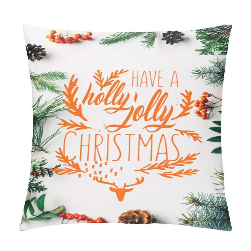 Personality  Flat Lay With Winter Arrangement Of Pine Tree Branches, Cones And Sea Buckthorn On White Backdrop With 