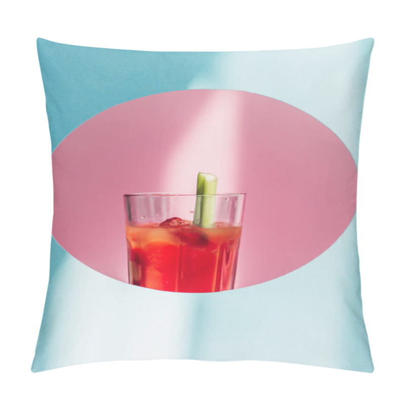 Personality  Bloody Mary With Celery In Pink Circle On Blue Background In Sunlight Pillow Covers