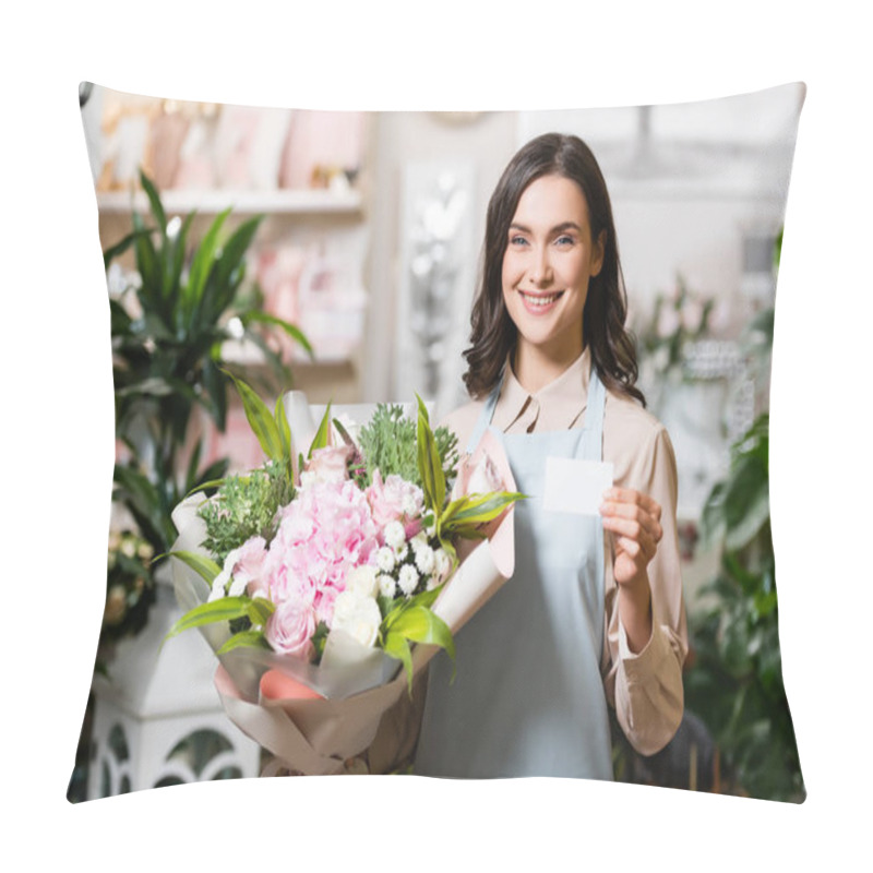 Personality  Young Florist Holding Empty Business Card And Bouquet In Flower Shop On Blurred Background Pillow Covers