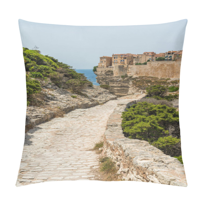 Personality  The City Of Bonifacio Perched On Its Scenographic Cliffs On A Sunny Summer Day. Southern Corse, France. Pillow Covers