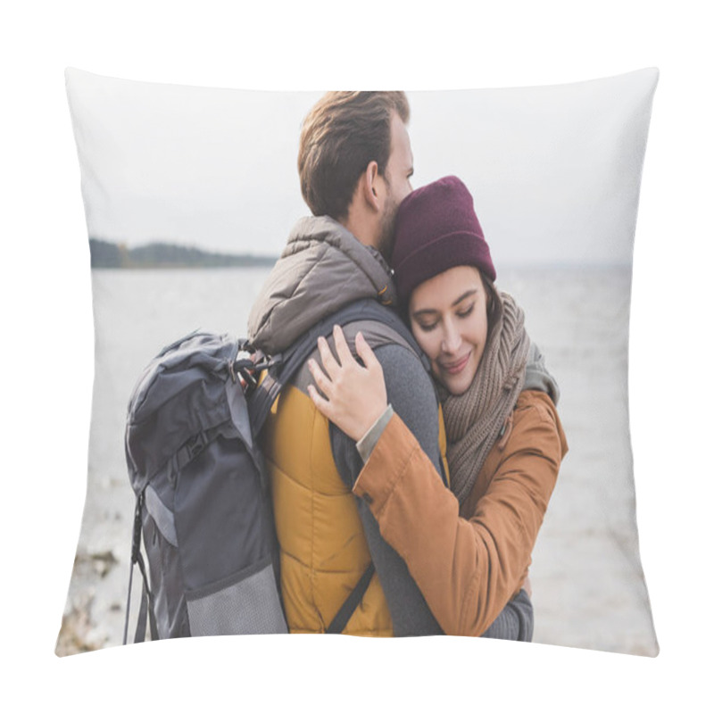 Personality  Happy Woman With Closed Eyes Embracing Boyfriend With Backpack While Walking Near River Pillow Covers