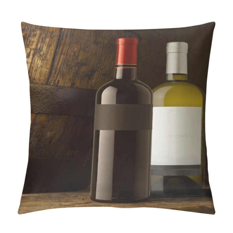 Personality  Still Life With Wine Bottles, Glasses And Oak Barrels. Pillow Covers