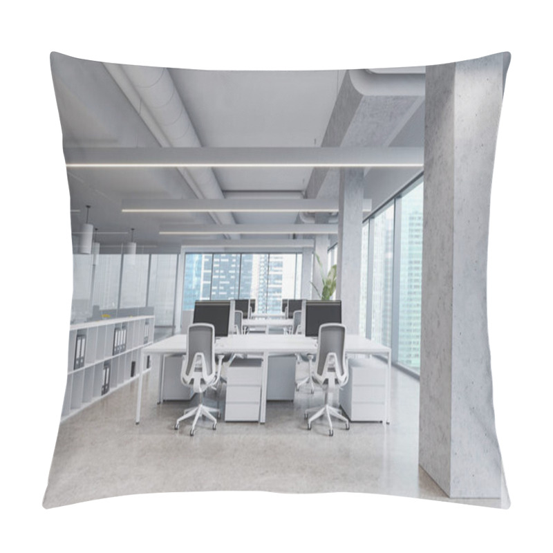 Personality  Modern Coworking Interior With Pc Computers On Desk In Row, Shelf With Documents. Stylish Workspace With Columns And Panoramic Window On Singapore Skyscrapers. 3D Rendering Pillow Covers