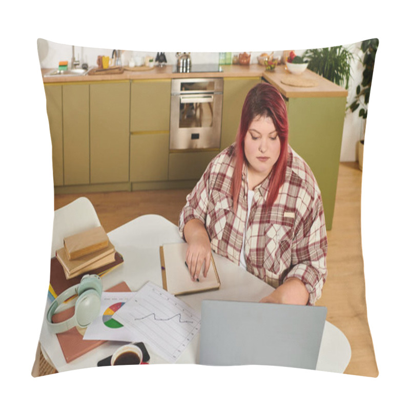 Personality  Plus Size Woman Focused On Work At A Chic Kitchen Table With Notes And Coffee. Pillow Covers