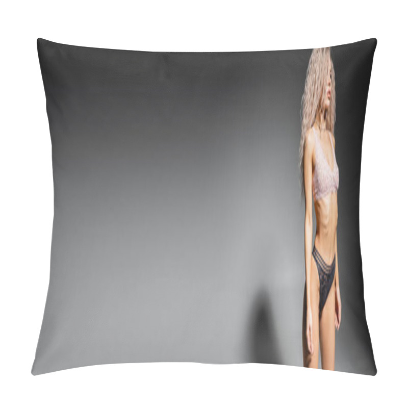 Personality  Appealing Woman With Toned Body And Dyed Ash Blonde Hair Standing On Black And Grey Background And Looking Away, Lace Underwear, Sexy Fashion Trend, Banner With Copy Space Pillow Covers