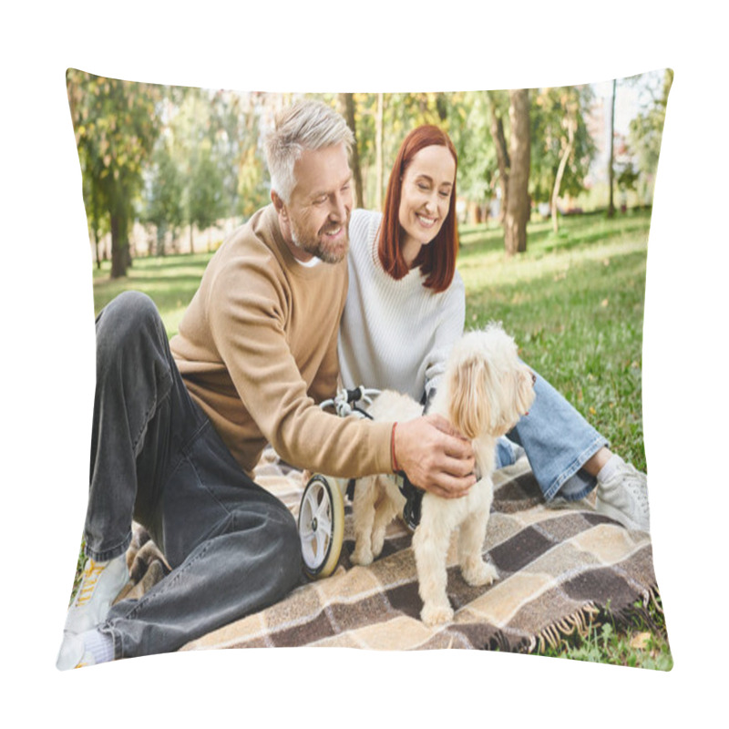 Personality  A Man And Woman In Casual Attire Sit On A Blanket With Their Dog In A Park. Pillow Covers