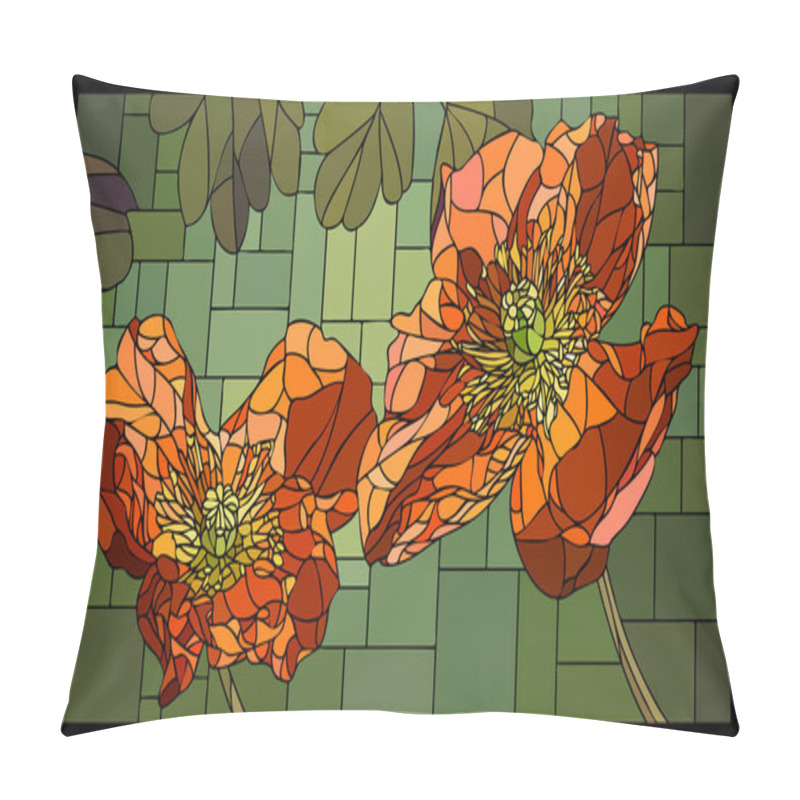 Personality  Vector Stained Glass Window With Blooming Orange Poppies. Pillow Covers