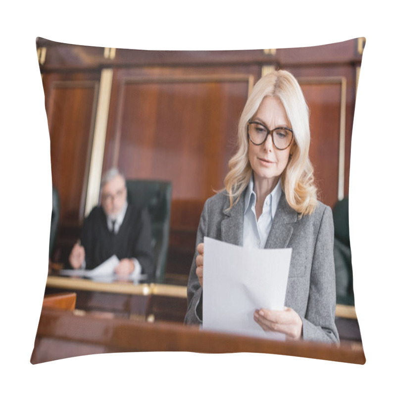 Personality  Middle Aged Advocate In Eyeglasses Reading Document While Speaking In Court Pillow Covers