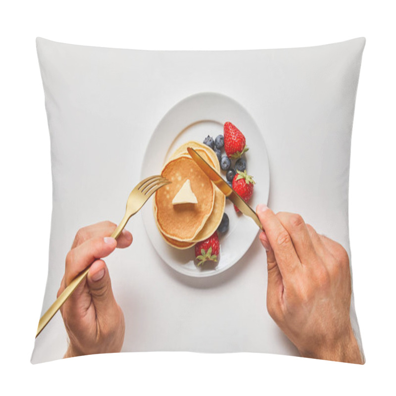 Personality  Cropped View Of Man Cutting Pancakes On Plate With Blueberries And Strawberries Pillow Covers