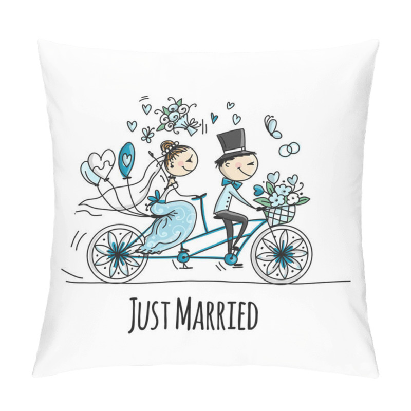 Personality  Wedding Card Design. Bride And Groom Riding On Bicycle Pillow Covers