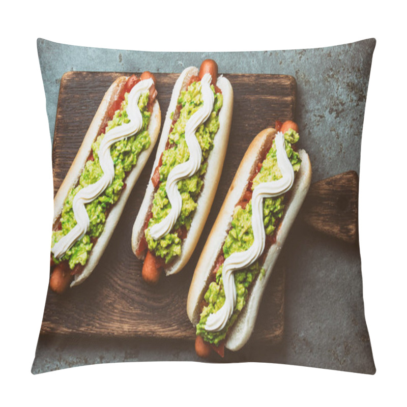 Personality  Chilean Completo Italiano. Hot Dog Sandwich With Tomato, Avocado And Mayonnaise. Top View, Copy Space Pillow Covers