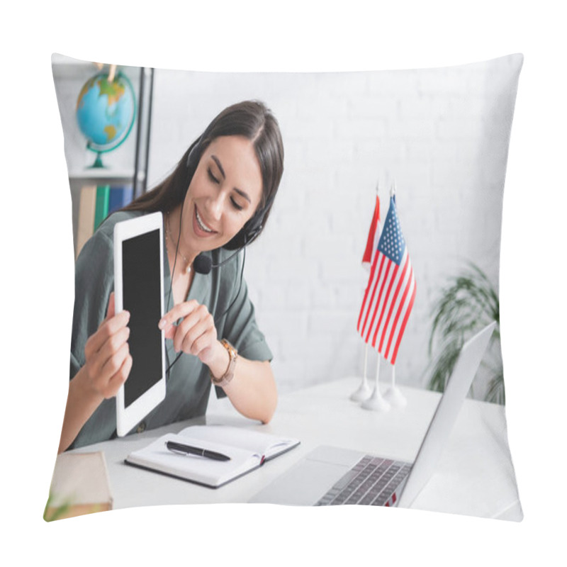 Personality  Smiling Teacher In Headset Holding Digital Tablet During Online Lecture On Laptop In School  Pillow Covers