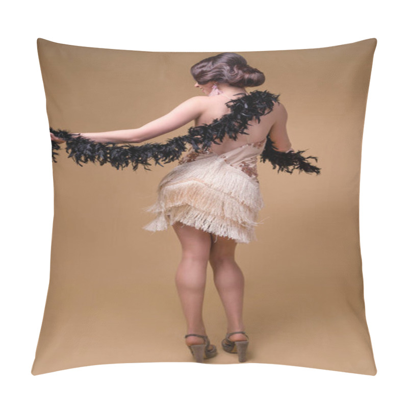 Personality  Beautiful Brunette Woman In Boa From Ostrich Feathers Is Dancing On Beige Background. Vertycal Photo Pillow Covers