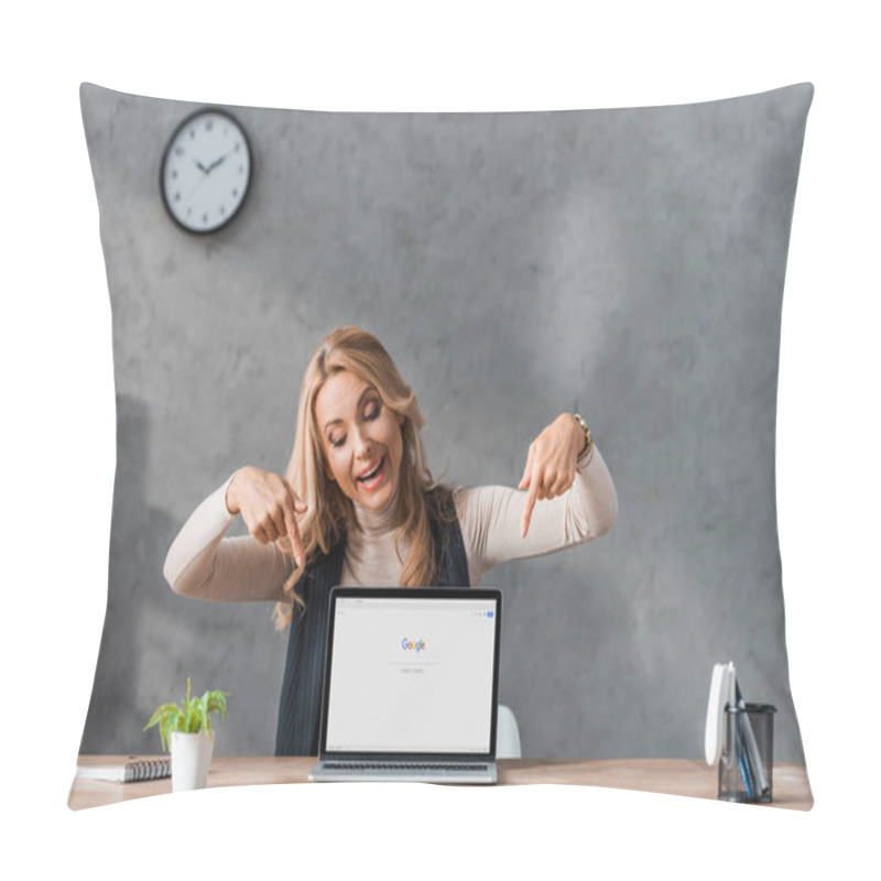 Personality  KYIV, UKRAINE - AUGUST 16, 2019: Smiling Businesswoman Pointing With Fingers At Laptop With Google Logo  Pillow Covers