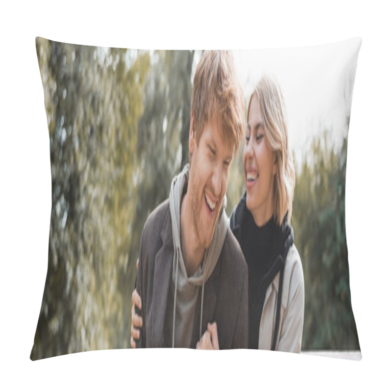 Personality  Cheerful And Blonde Woman Embracing Redhead Boyfriend While Smiling In Park, Banner Pillow Covers