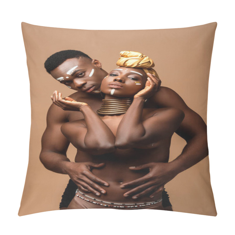 Personality  Sexy Naked Tribal Afro Couple Posing Isolated On Beige Pillow Covers