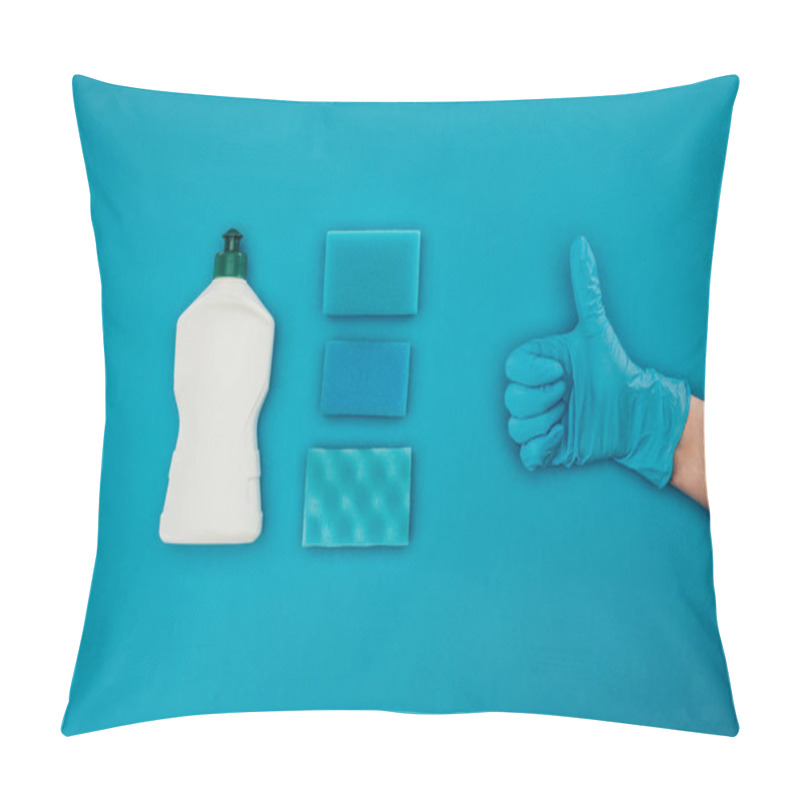 Personality  Cropped Image Of Woman Showing Thumb Up In Rubber Protective Glove Isolated On Blue Pillow Covers