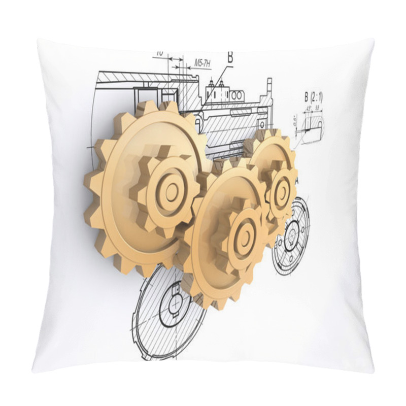 Personality  Three Golden Gears Against A Background Of Engineering Drawings With Shadow Pillow Covers