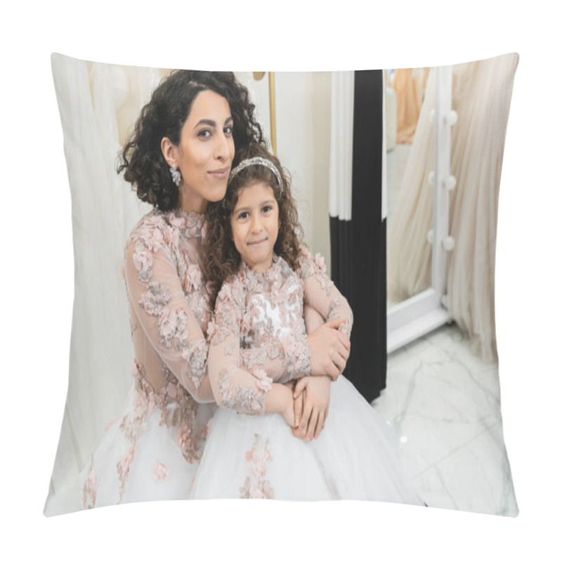 Personality  Delightful Middle Eastern Woman In Floral Wedding Dress Hugging Happy Girl In Cute Attire In Bridal Salon, Shopping, Special Moment, Mother And Daughter, Happiness, Looking At Camera Pillow Covers