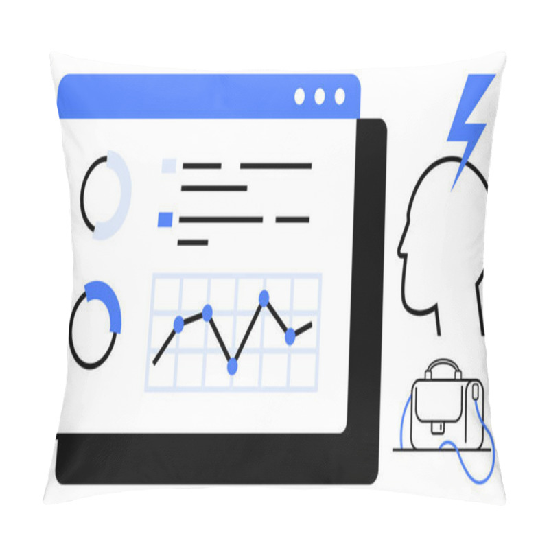 Personality  Data Analysis Screen With Pie Charts, Line Graph, And Bullet Points. Human Head Silhouette With Lightning Bolt And VR Headset. Ideal For Data Visualization, Business Analytics, Tech Integration Pillow Covers